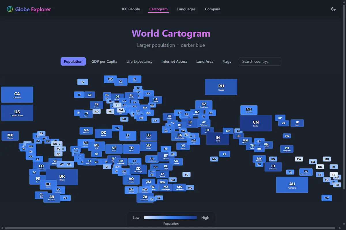 Cartogram: every country drawn as a rectangle sized by land area and colored by the selected metric, with codes like CN, IN, US, BR, RU labeling the largest